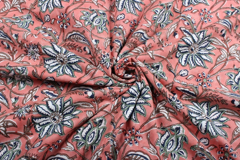 Fabricrush Peach And Berry Blue Indian Floral Block Printed Cotton Fabric for Womens Clothing