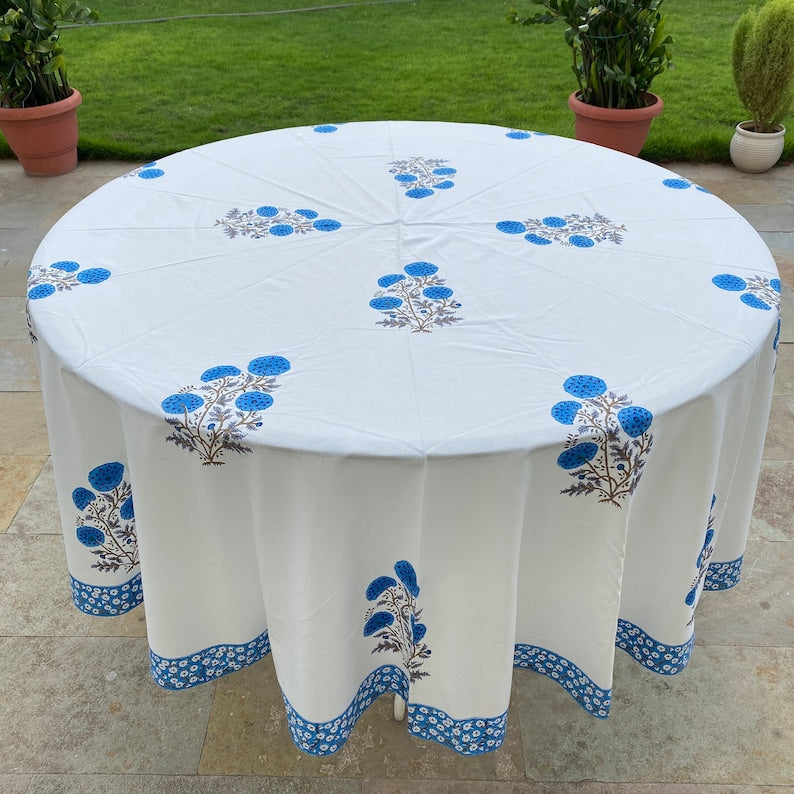 Fabricrush Round Tablecloth, Dodger Blue Indian Hand Block Floral Printed Cotton Cloth Table Cover, Vintage, French Tablecloth, Handmade, Home Decor