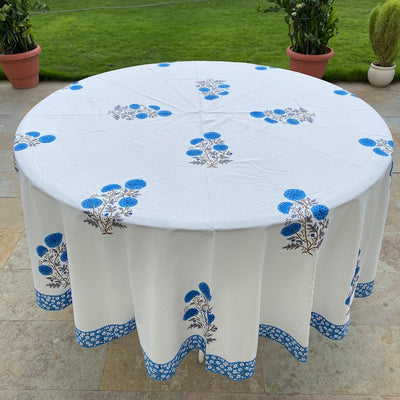 Fabricrush Round Tablecloth, Dodger Blue Indian Hand Block Floral Printed Cotton Cloth Table Cover, Vintage, French Tablecloth, Handmade, Home Decor