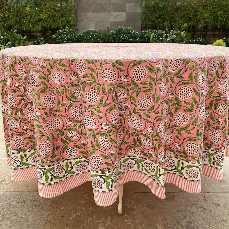 Fabricrush Round Tablecloth, Strawberry Pink Indian Hand Block Floral Printed Table Cover, Vintage French Tablecloth, Botanical Prints, Home and Living
