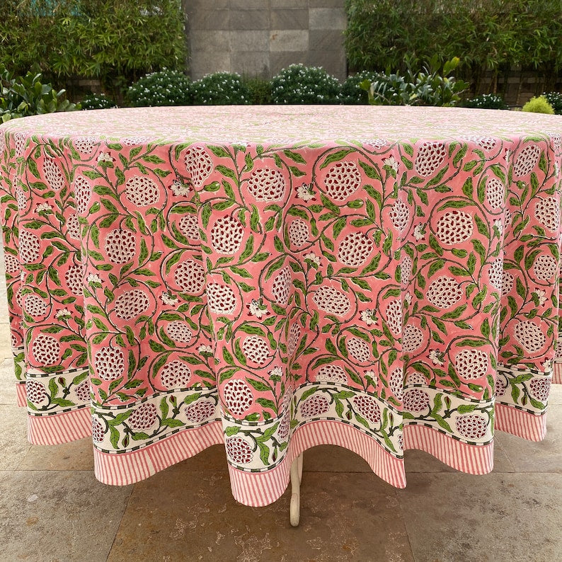 Strawberry Pink Indian Floral Hand-Block Printed Round Tablecloth