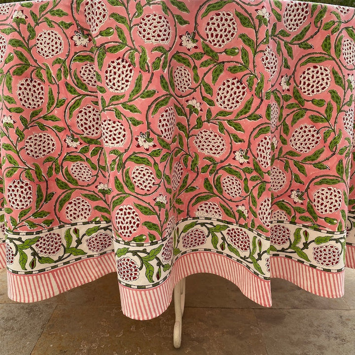 Strawberry Pink Indian Floral Hand-Block Printed Round Tablecloth