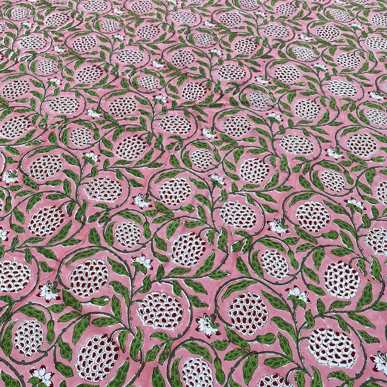 Strawberry Pink Indian Floral Hand-Block Printed Round Tablecloth