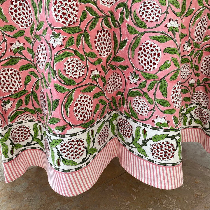 Strawberry Pink Indian Floral Hand-Block Printed Round Tablecloth