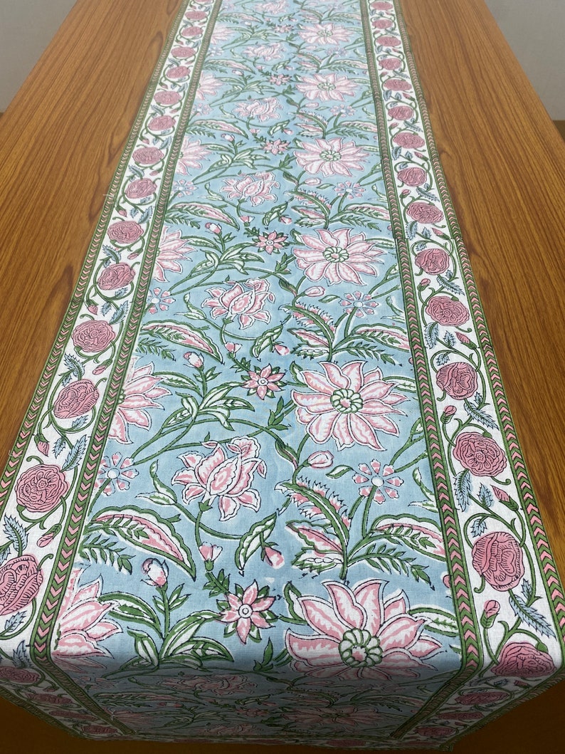 Fabricrush Ice Blue Indian Floral Hand Block Printed 100% Pure Cotton Cloth Table Runner for wedding Home Decor Party Room Garden Outdoor Bar Farmhouse