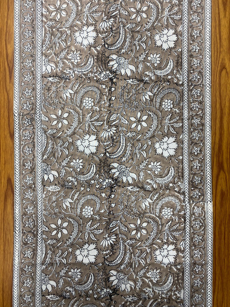 Fabricrush Taupe Colour Indian Floral Hand Block Printed 100% Pure Cotton Cloth Table Runner, Table Top, Dinning Table Decor, Wedding Home Decor Gifts