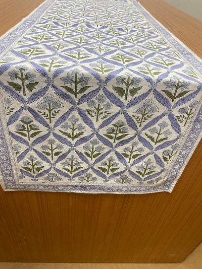 Fabricrush Light Steel Blue, Olive Green Indian Floral Hand Block Printed 100% Pure Cotton Cloth Table Runner, Fire Place Runner, Mantle Runner, Gifts