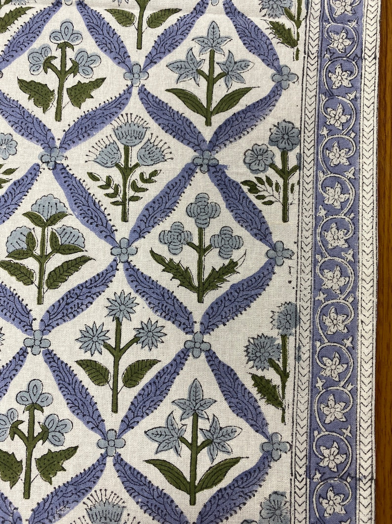 Fabricrush Light Steel Blue, Olive Green Indian Floral Hand Block Printed 100% Pure Cotton Cloth Table Runner, Fire Place Runner, Mantle Runner, Gifts