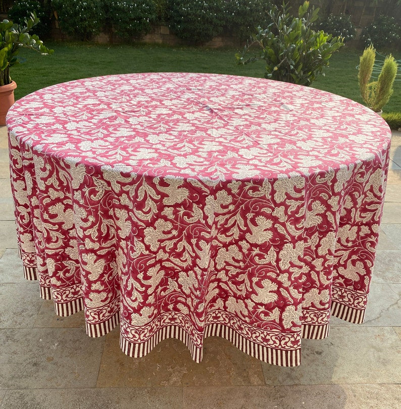 Fabricrush Deep Pruce Round Tablecloth, Indian Floral Hand Block Printed Cotton Cloth Table Cover, Wedding Home Decor Event Farmhouse Garden Birthday