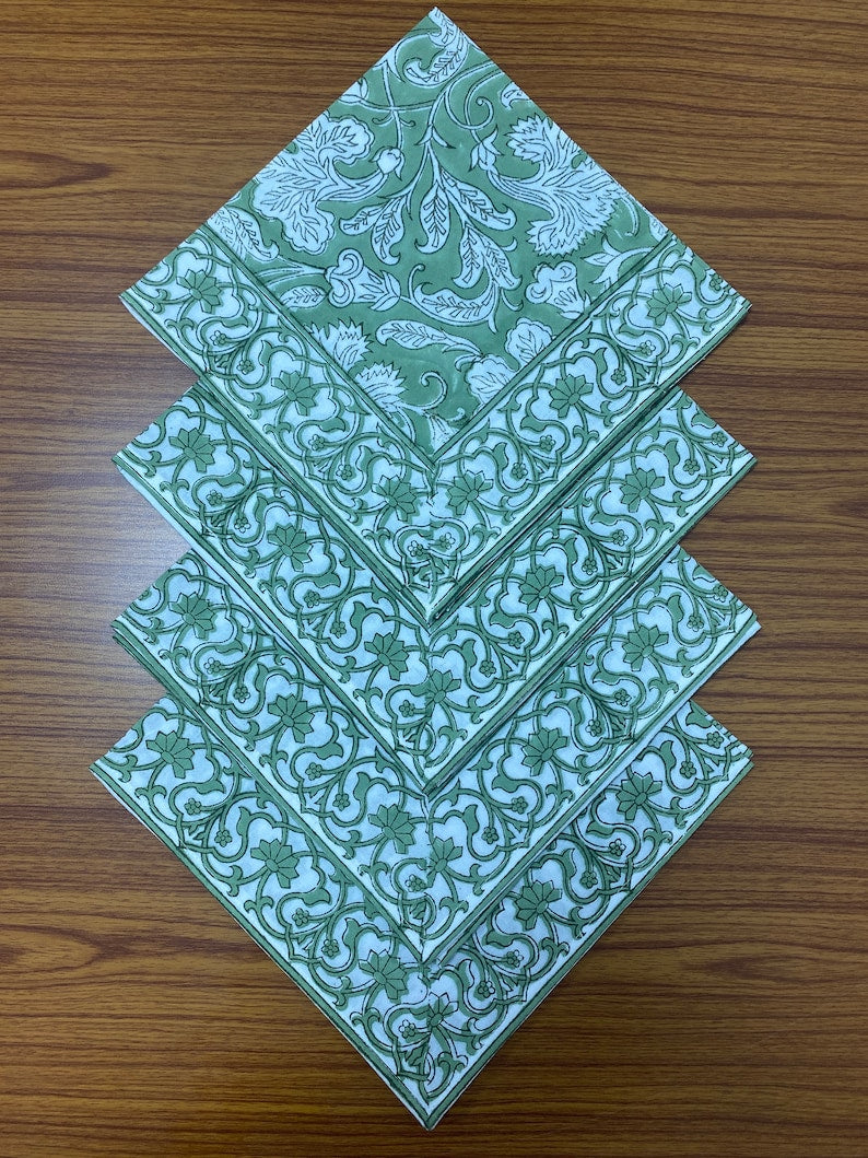 Sage Green Indian Floral Hand Block Printed Cotton Cloth Border Napkins Size 20x20
