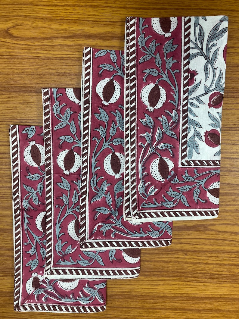 Sangria Red, Cerise Pink Indian Floral Hand Block Printed Cotton Napkins Size 20x20"