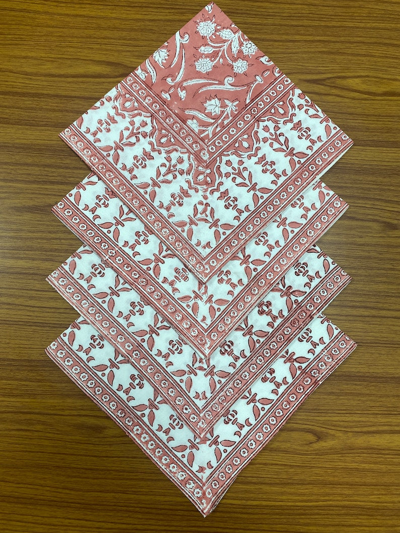 Fabricrush Sweet Pink Indian Floral Hand Block Printed Cotton Cloth Border Napkins Size 20x20" Wedding Events Home Party Restaurant, Gift for her, gifts