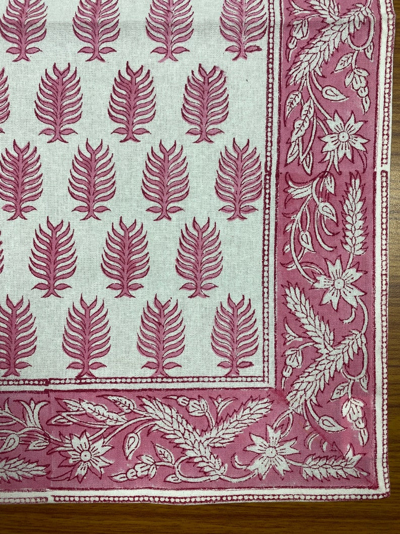 Fabricrush Taffy Pink Indian Floral Hand Block Printed Cotton Cloth Border Napkins Size 20x20" Wedding Events Home Party Restaurant, Gift for her, gifts