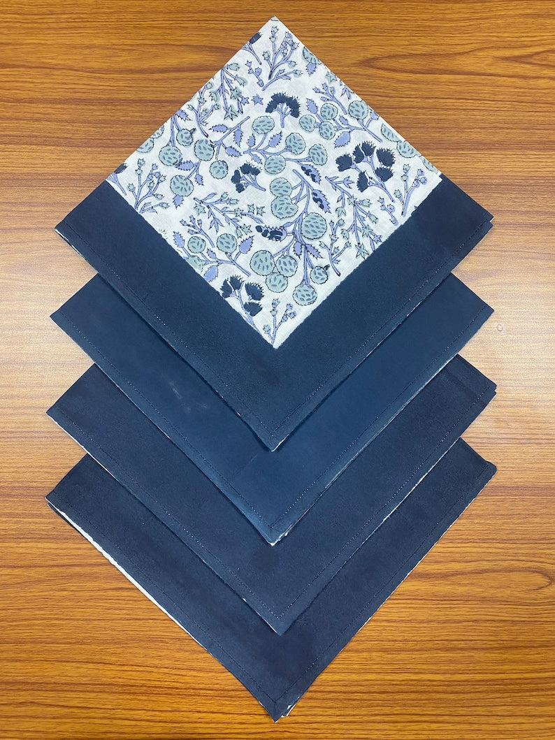 Denim and Baby Blue Indian Floral Hand Block Printed Cotton Cloth Border Napkins Size 20x20