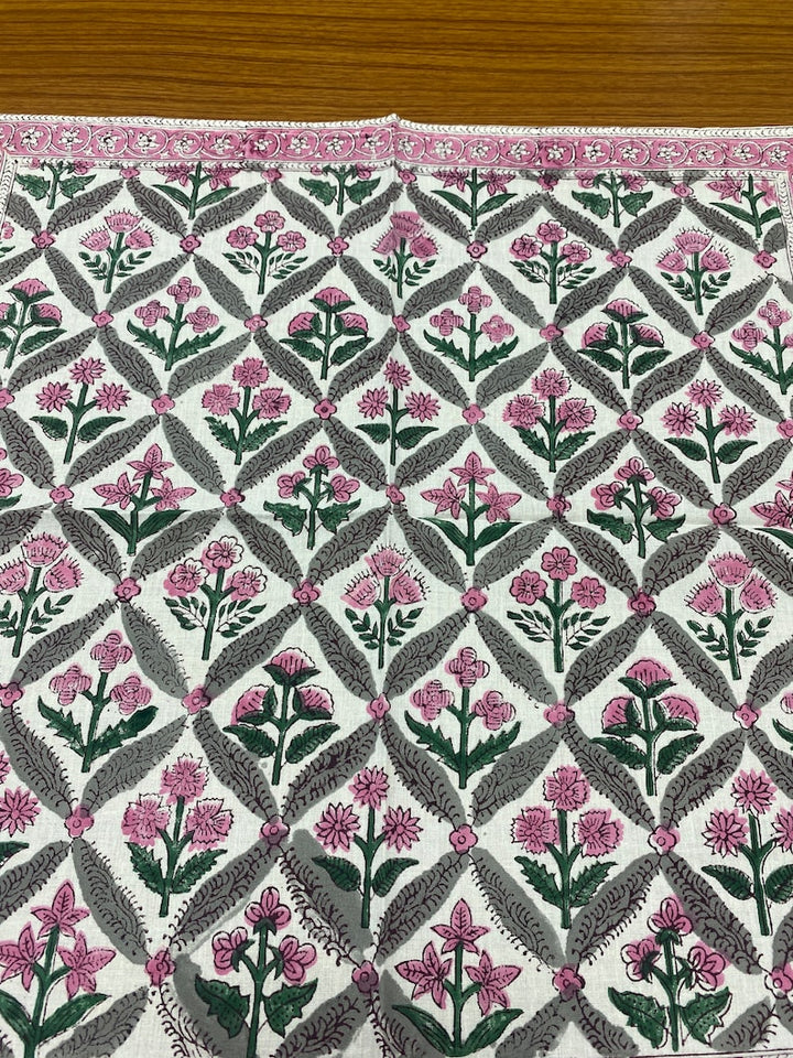 Watermelon Pink, Floral Hand Block Printed Cotton Border Napkins Size 20x20"