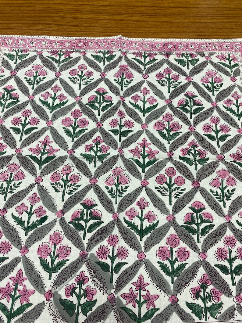 Fabricrush Watermelon Pink, Artichoke and Seaweed Green Indian Floral Hand Block Print Cotton Cloth Border Napkins Size 20x20" Wedding Events Home Party Gift