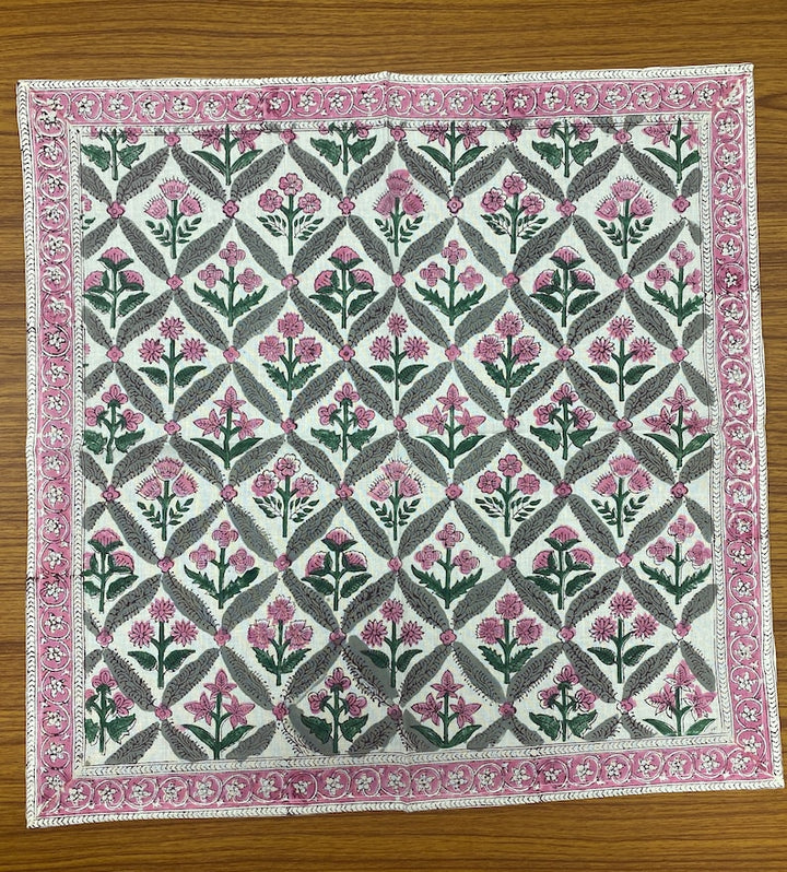 Watermelon Pink, Floral Hand Block Printed Cotton Border Napkins Size 20x20"