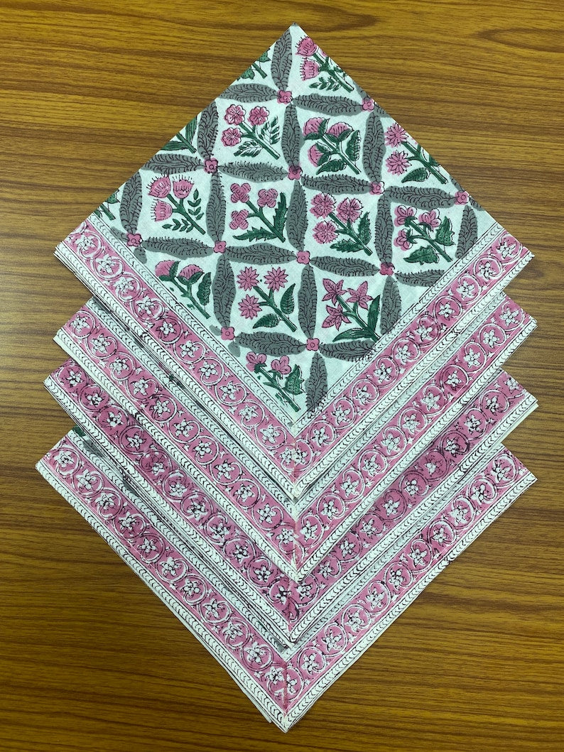 Watermelon Pink, Floral Hand Block Printed Cotton Border Napkins Size 20x20