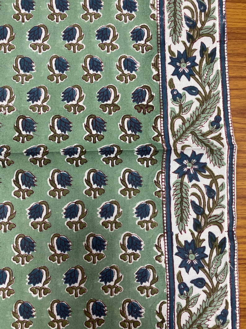 Fabricrush Basil Green, Peacock Blue Indian Floral Hand Block Print Cotton Cloth Napkins Size 20x20" Wedding Events Home Party, Gift for her, gifts