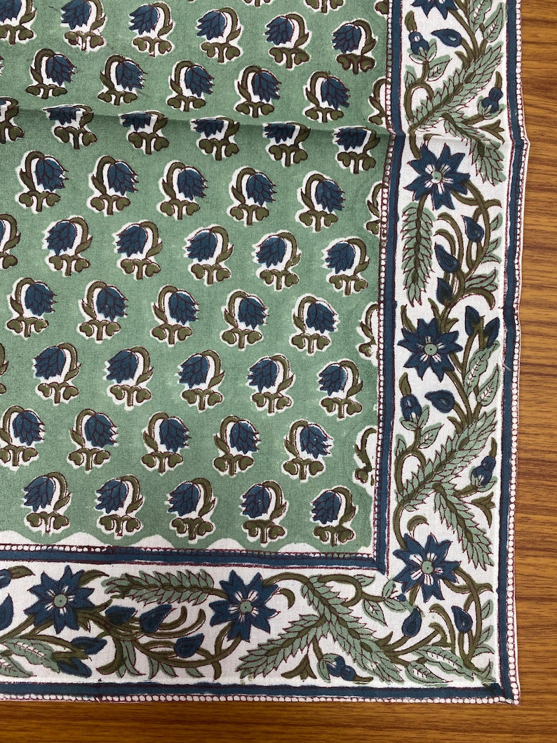 Fabricrush Basil Green, Peacock Blue Indian Floral Hand Block Print Cotton Cloth Napkins Size 20x20" Wedding Events Home Party, Gift for her, gifts