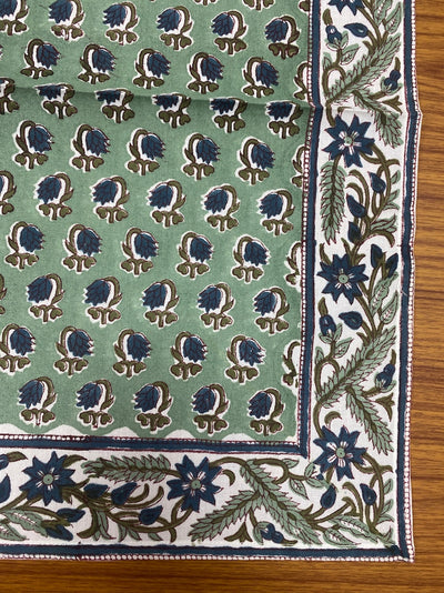 Fabricrush Basil Green, Peacock Blue Indian Floral Hand Block Print Cotton Cloth Napkins Size 20x20" Wedding Events Home Party Gift