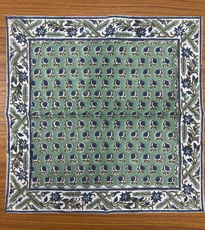 Fabricrush Basil Green, Peacock Blue Indian Floral Hand Block Print Cotton Cloth Napkins Size 20x20" Wedding Events Home Party, Gift for her, gifts