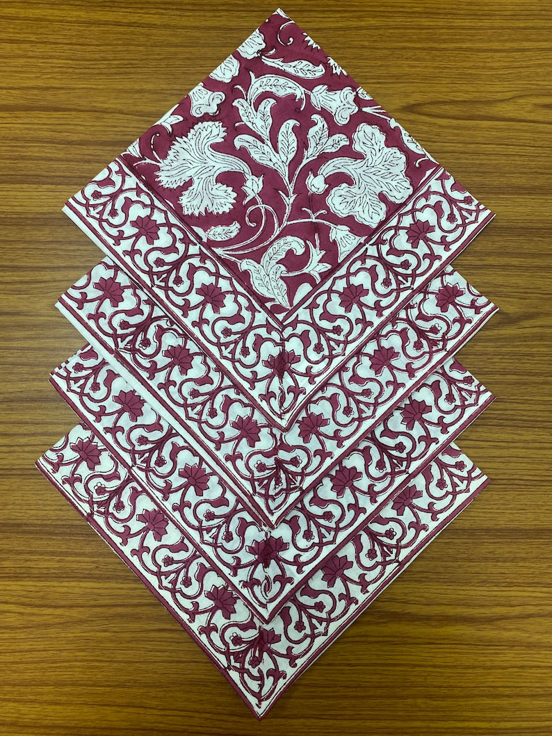 Deep Pruce Indian Floral Hand Block Printed Cotton Cloth Border Napkins Size 20x20