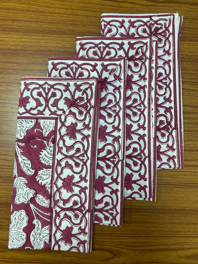 Fabricrush Deep Pruce Indian Floral Hand Block Printed Cotton Cloth Border Napkins Size 20x20" Wedding Events Home Party Restaurant, Gift for her, gifts