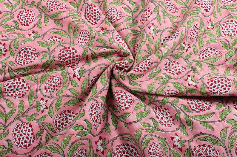 Strawberry Pink Hand-Block Printed Cotton Cloth