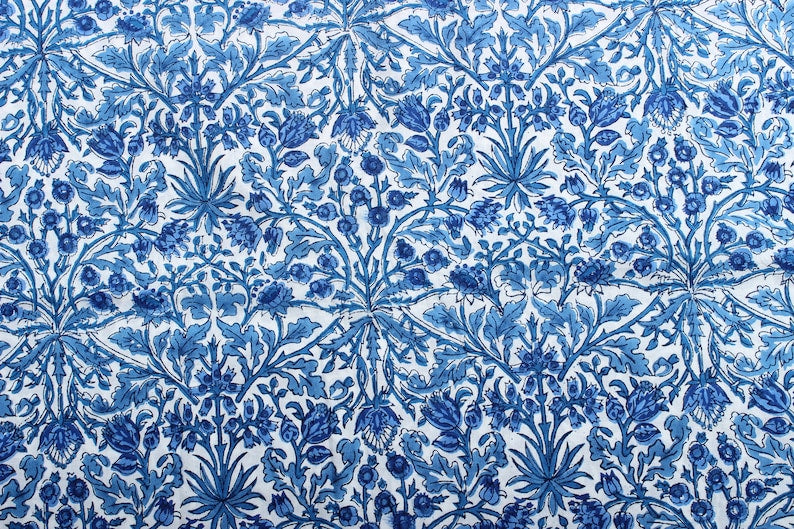 Fabricrush Dark Royal Blue Indian Floral Block Printed Cotton Fabric Womens Clothing, Valentine's day, Spring, Easter