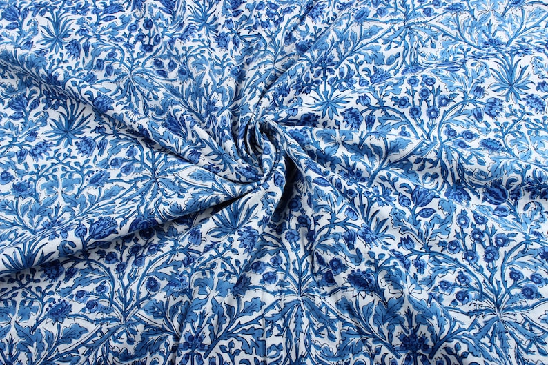 Fabricrush Dark Royal Blue Indian Floral Block Printed Cotton Fabric Womens Clothing, Valentine's day, Spring, Easter