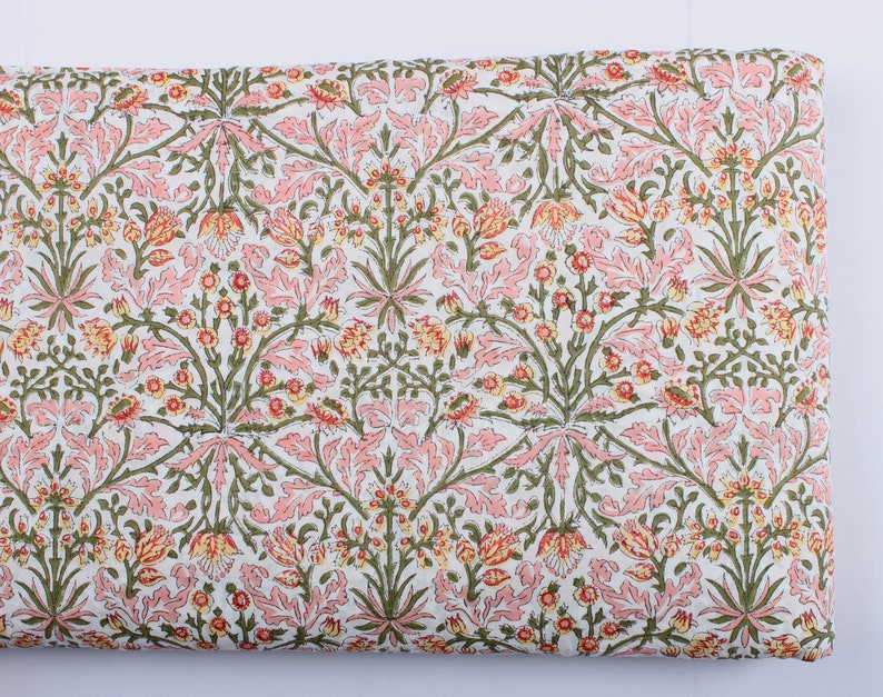 Fabricrush Sassy and Salmon Pink Indian Floral Block Printed Cotton Fabric Women's Clothing Cushions Curtains Napkins, Valentine's day, Spring, Easter