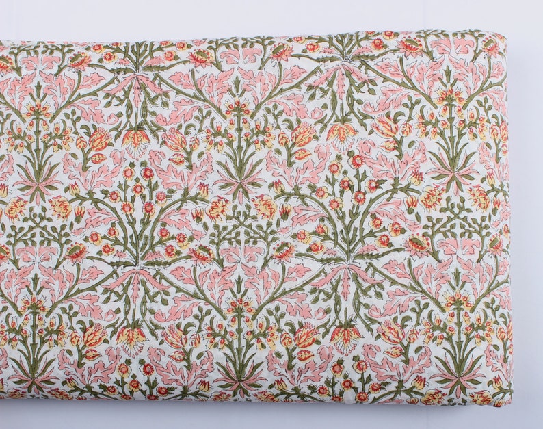 Fabricrush Sassy and Salmon Pink Indian Floral Block Printed Cotton Fabric Women's Clothing Cushions Curtains Napkins