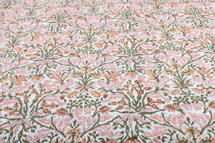 Fabricrush Sassy and Salmon Pink Indian Floral Block Printed Cotton Fabric Women's Clothing Cushions Curtains Napkins, Valentine's day, Spring, Easter