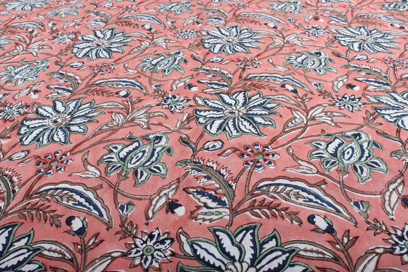 Fabricrush Peach And Berry Blue Indian Floral Block Printed Cotton Fabric for Womens Clothing