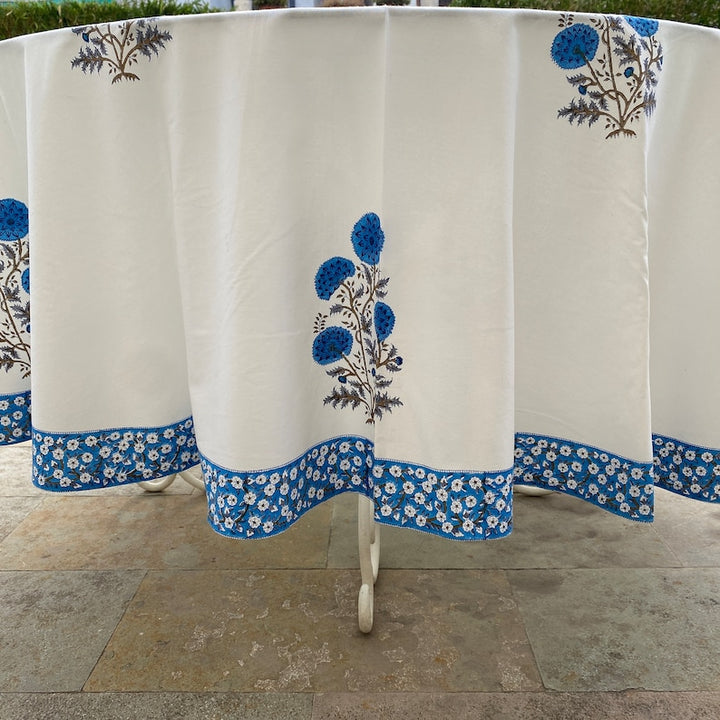 Fabricrush Round Tablecloth, Dodger Blue Indian Hand Block Floral Printed Cotton Cloth Table Cover, Vintage, French Tablecloth, Handmade, Home Decor, Gift for her, gifts, Valentine's day,  Easter, Spring