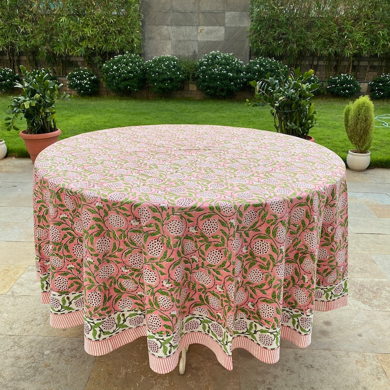 Fabricrush Round Tablecloth, Strawberry Pink Indian Hand Block Floral Printed Table Cover, Vintage French Tablecloth, Botanical Prints, Home and Living