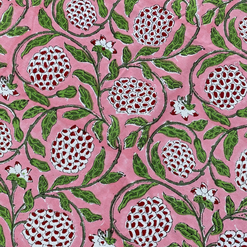 Strawberry Pink Indian Floral Hand-Block Printed Round Tablecloth