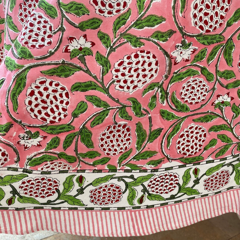 Strawberry Pink Indian Floral Hand-Block Printed Round Tablecloth