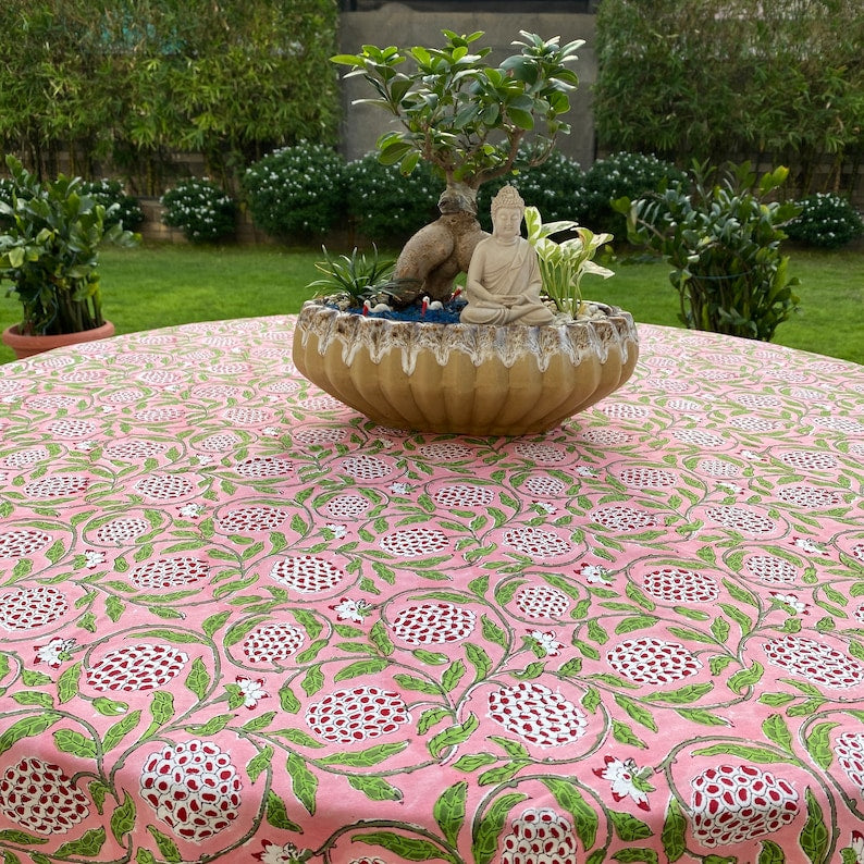 Strawberry Pink Indian Floral Hand-Block Printed Round Tablecloth