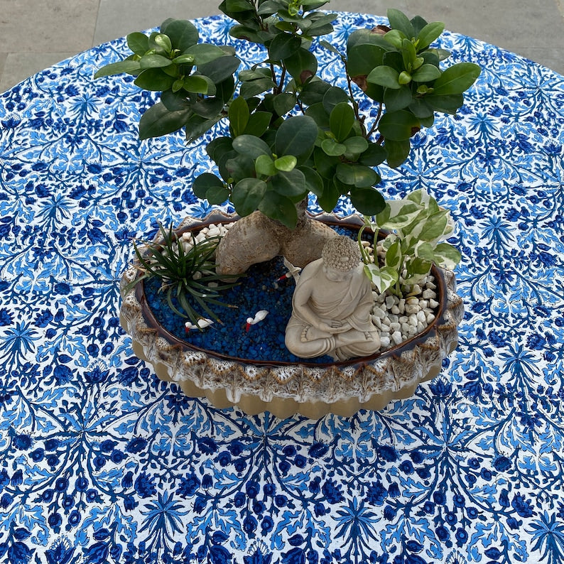 Dark Royal Blue Indian Floral Hand-Block Printed Cotton Round Tablecloth