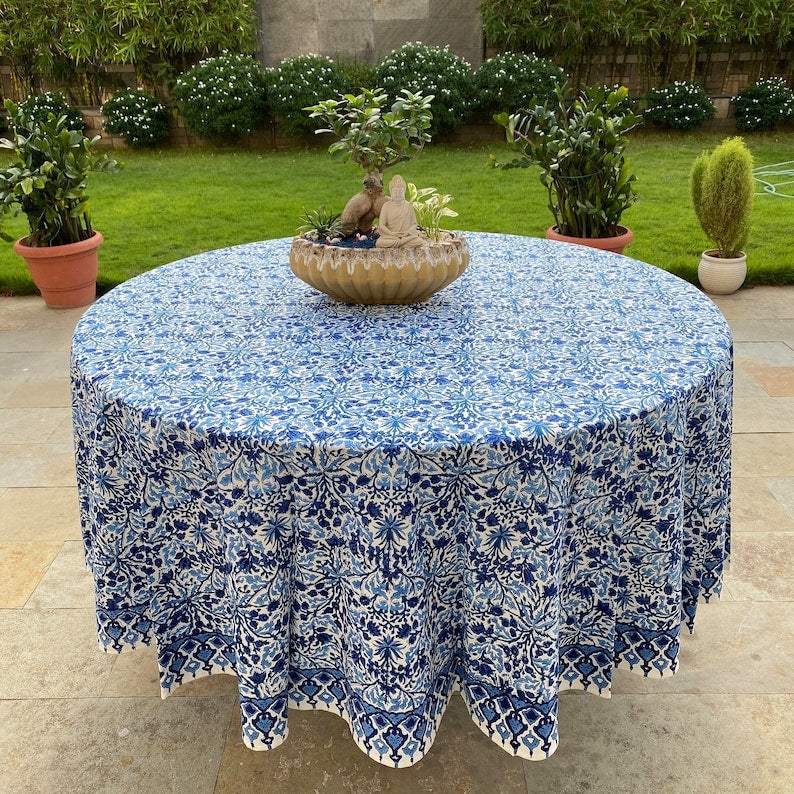 Dark Royal Blue Indian Floral Hand-Block Printed Cotton Round Tablecloth