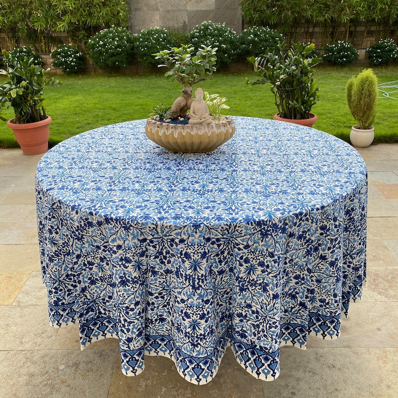 Fabricrush Round Tablecloth, Indian Hand Block Floral Printed Cotton Cloth Table Cover, Vintage, Mid Century, French Table Top, Handmade, Home Decor