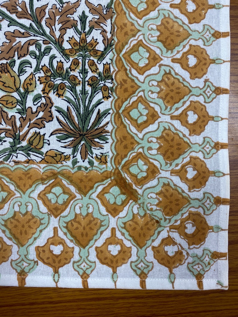 Fabricrush Goldenrod Yellow, Fern Green, Brown Indian Floral Hand Block Printed Cotton Cloth Border Napkins Size 20x20" Wedding Home Gifts
