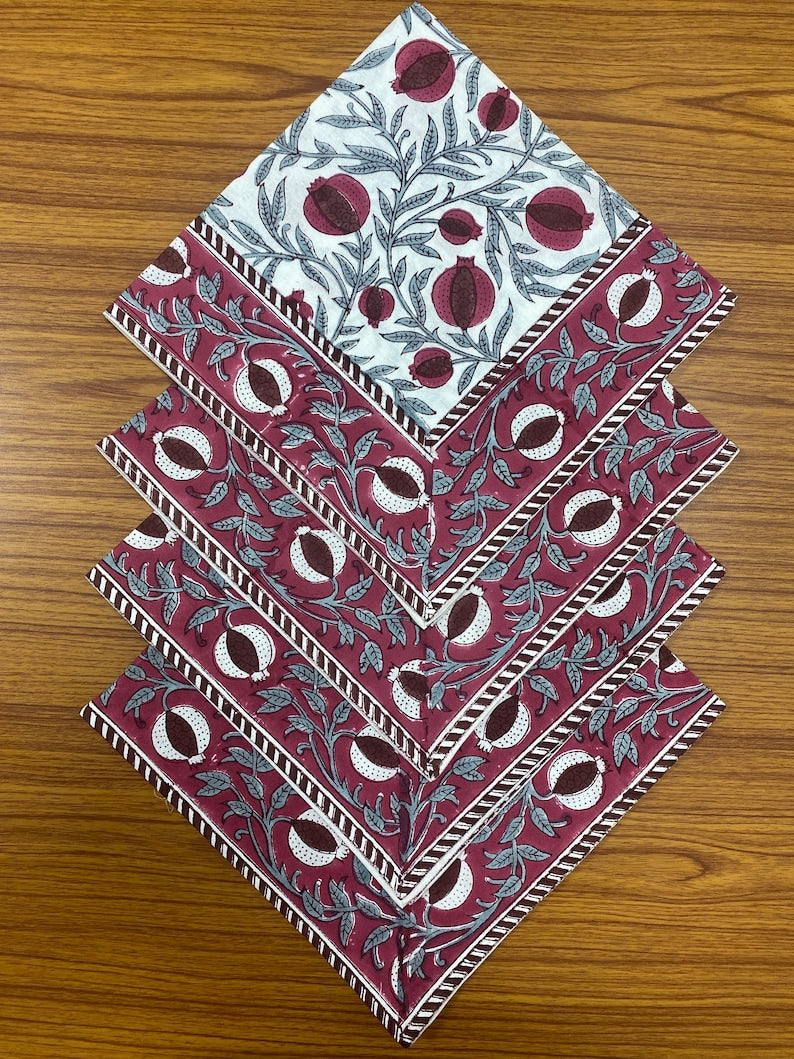 Sangria Red, Cerise Pink Indian Floral Hand Block Printed Cotton Napkins Size 20x20"