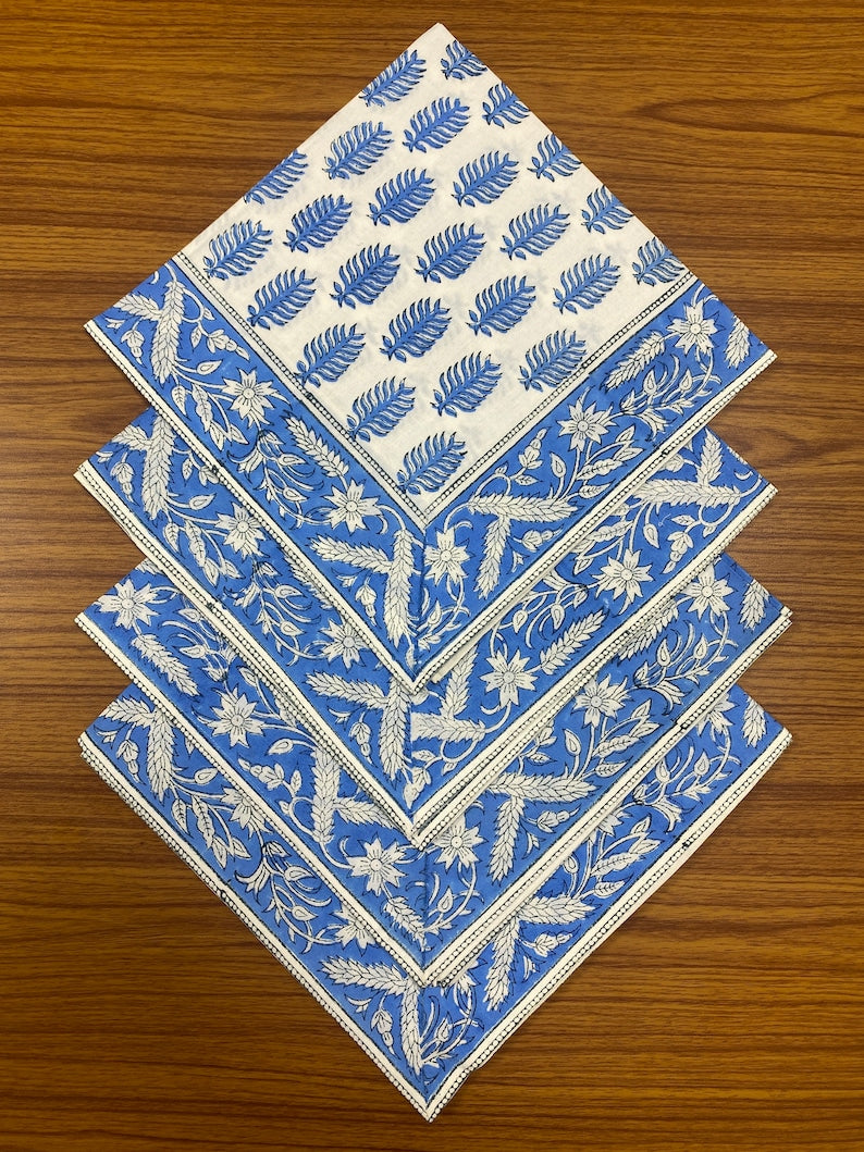 Cerulean Blue Indian Floral Hand Block Printed Size 20x20" Cotton Border Napkins