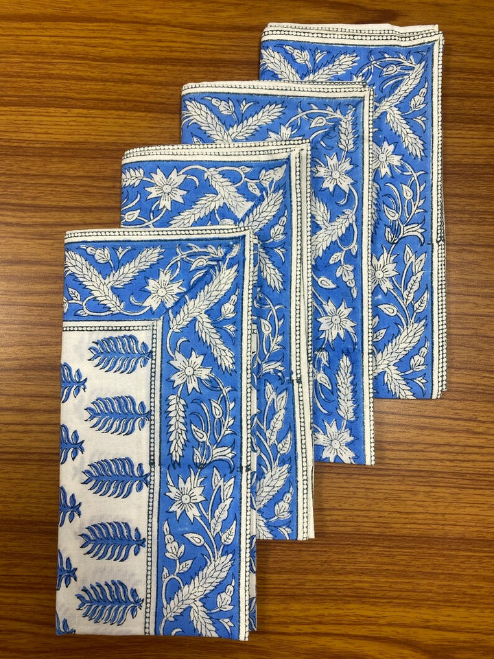 Cerulean Blue Indian Floral Hand Block Printed Size 20x20" Cotton Border Napkins