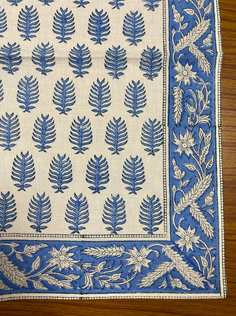 Fabricrush Cerulean Blue Indian Floral Hand Block Printed Cotton Cloth Border Napkins Size 20x20" Wedding Events Home Party Restaurant Gifts