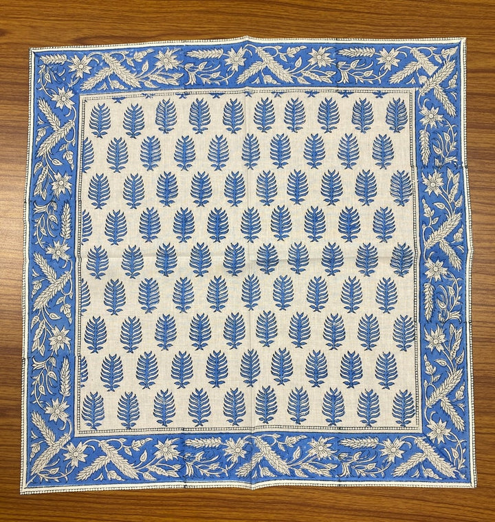 Cerulean Blue Indian Floral Hand Block Printed Size 20x20" Cotton Border Napkins