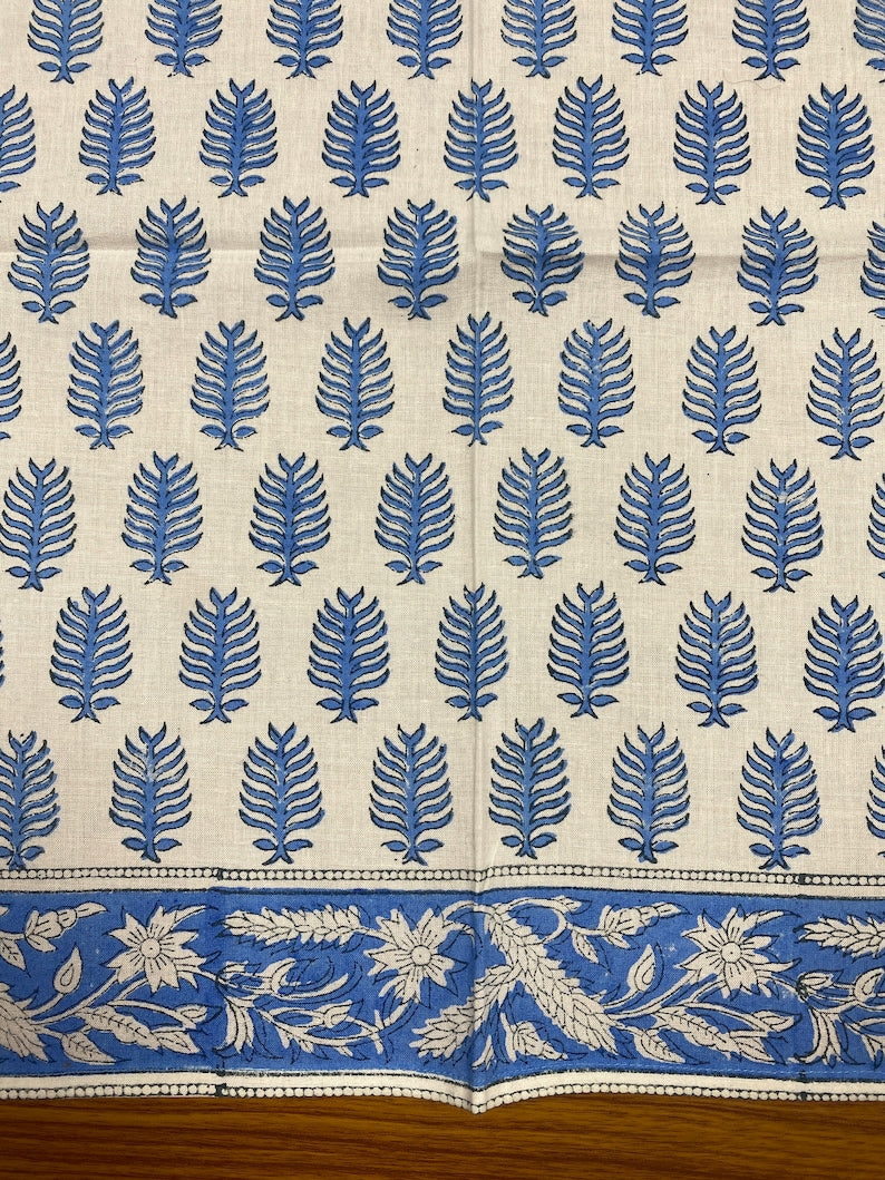 Cerulean Blue Indian Floral Hand Block Printed Size 20x20" Cotton Border Napkins